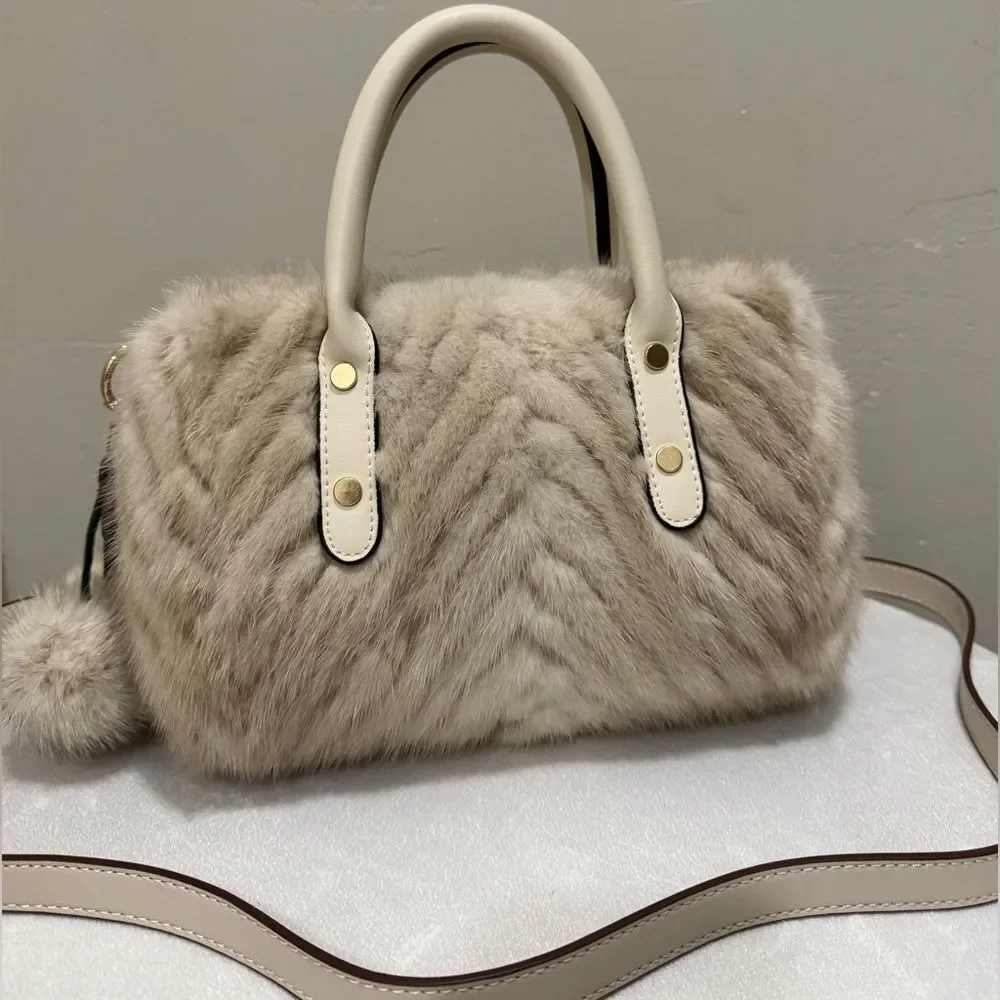 Ivory Real Mink Fur & Leather Handles Handmade Boston Bag & Mink Fur Bag Charm